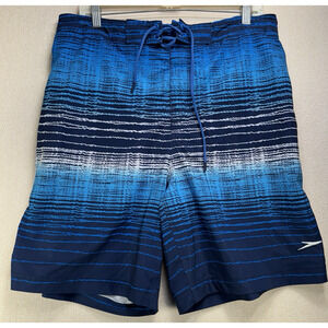Speedo Mens Large Blue Shorts Striped Baggy Loose Drawstring Bermudas 10" Inseam